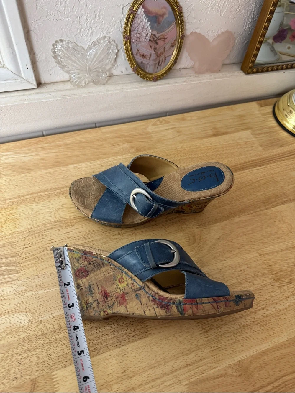 B.O.C. Blue Leather Cork Wedge Slide Sandals Size 7 Y2K Comfort Floral Wedges